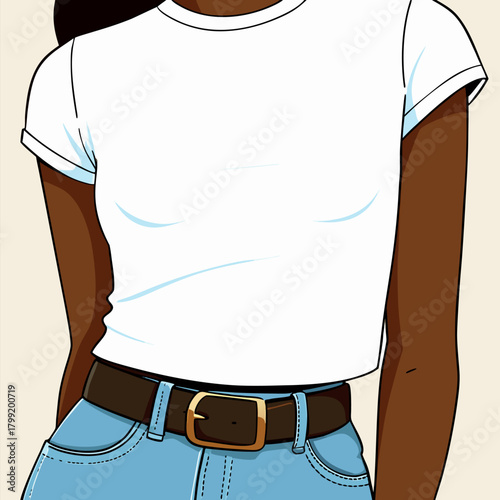 Dark Skin Woman in White T-Shirt Mockup - Isolated Vector Template