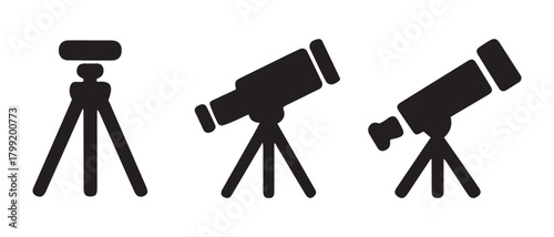 Astronomy telescope and tripod vector icons set for observation.