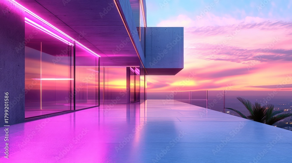Obraz premium Modern luxury architecture with glowing neon lighting