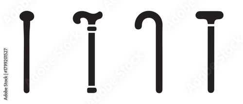 Set of four walking sticks, different styles for mobility aid.