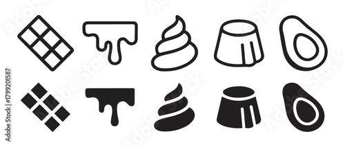 Food and dessert icons set with outline and filled graphic styles.