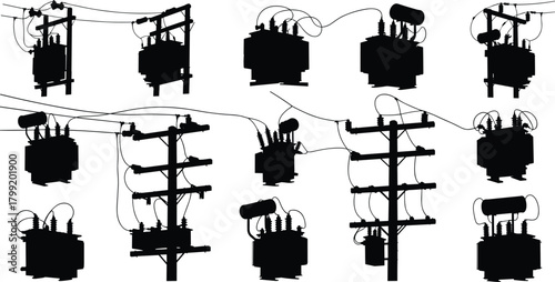 Silhouette vector illustration of electrical utility poles with transformers and power lines—energy grid infrastructure layout for power distribution and engineering reference