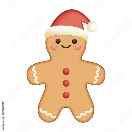 Gingerbread man cookie with frosting and buttons. Cute gingerbread man smiling vector illustration. Realistic gingerbread man cookie icon.  