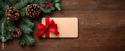 Black Friday gift card displayed with holiday decorations on a wooden surface.