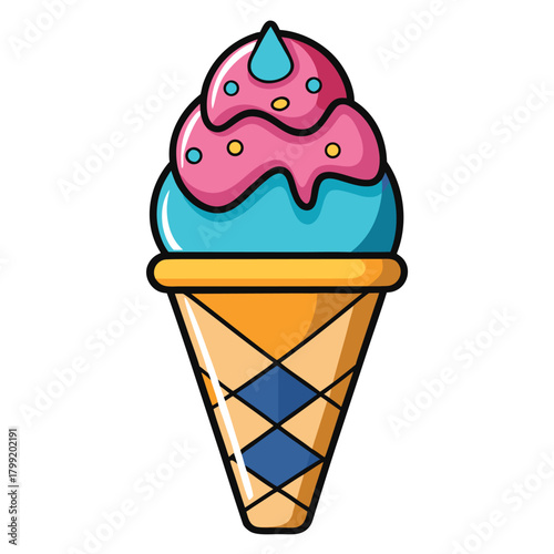 Cartoon ice cream cone features pink frosting and a blue scoop on a white background