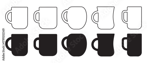 Different coffee and tea mugs, outline and solid black icon set.