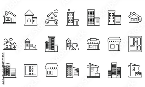 Set of simple vector line icons of various buildings including house, city, shop, mall, and construction site
