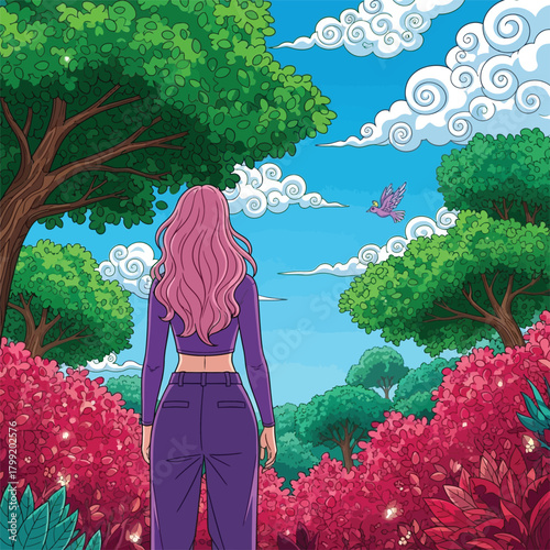 girl in the park with flowers