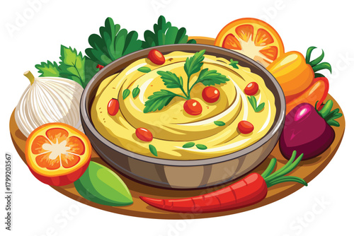 Cartoon illustration showcases a hummus bowl garnished with tomatoes and parsley among vibrant vegetables