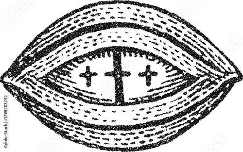 Stipple mystical eye symbol with vertical pupil and cross sign, vintage occult vector illustration for esoteric design
