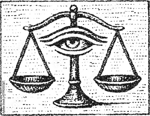 Stipple balance scale with all seeing eye, vintage justice law symbol, occult vector illustration for legal or esoteric design
