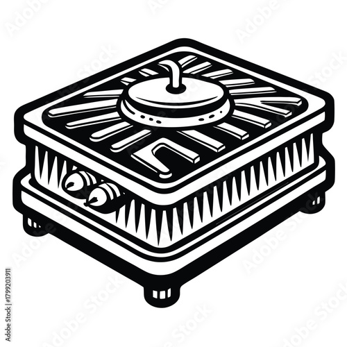 An intricate black and white box with a circular top shows complex details