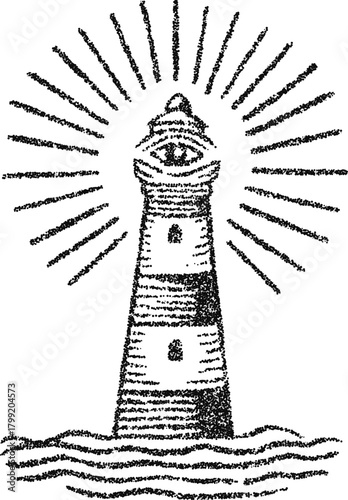 Mystic lighthouse with all seeing eye and radiant beam, stipple vector occult engraving for esoteric sea themed poster design
