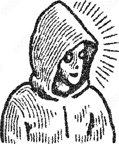 Stipple vector hooded figure with radiant halo, mysterious cloaked character engraving for occult poster, comic or apparel design
