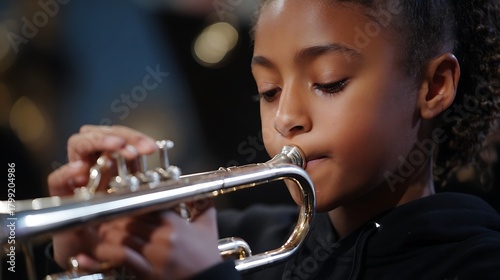 Young Girl Playing Shiny Trumpet During Music Lesson Performance Learning