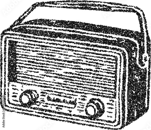Stipple vector vintage portable radio, retro audio receiver engraving for music poster, podcast logo or nostalgia design
