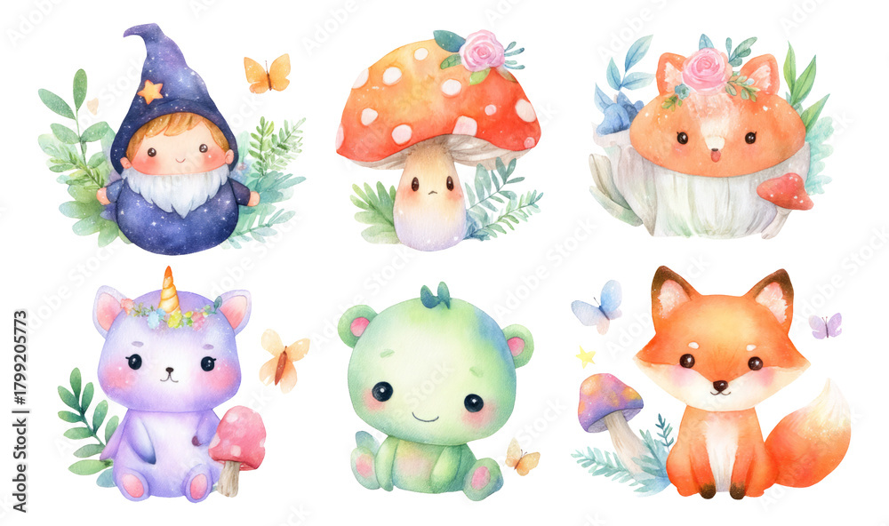 Fototapeta premium Whimsical Watercolor Characters with Mushrooms and Floral Accents Isolated Design