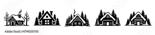 winter forest hut vector design with black silhouette and white background
