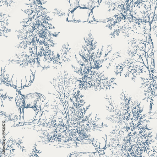 Winter Forest Reindeer Toile – Vintage Blue Christmas Seamless Pattern 26. Detailed vintage etching-style trees, branches, and woodland landscape create a classic holiday aesthetic perfect for fabric 