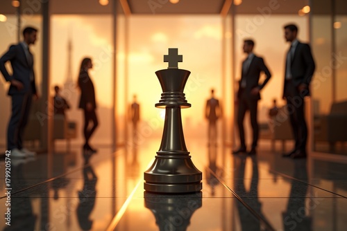 Chess king on table, blurred business meeting in background. Strategic decision-making in corporate environment. Warm lighting highlights focus and leadership.
