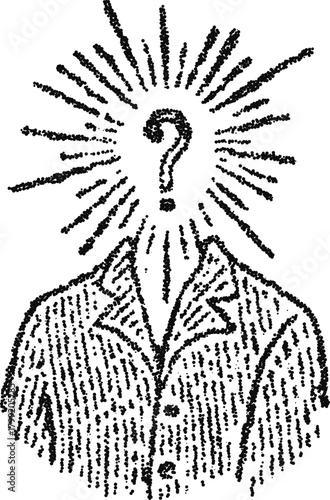 Stipple vector businessman with question mark head, conceptual mystery identity icon for coaching, consulting or corporate poster
