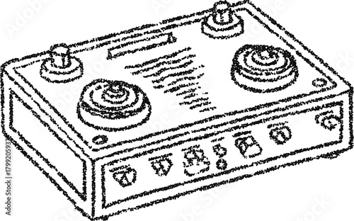 Stipple vector vintage electronic control console, retro laboratory device icon for science poster, synth studio or steampunk project
