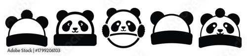 winter panda hat vector design with black silhouette and white background