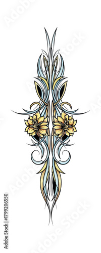 Ornamental floral design with geometric symmetry on black background