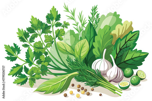 Fresh herbs like parsley, dill, spinach, and garlic complement each other beautifully in a composition