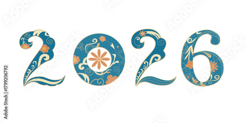 2026 Ornate Floral. An elegant, decorative illustration of the year '2026' with intricate blue and gold floral patterns and swirling accents