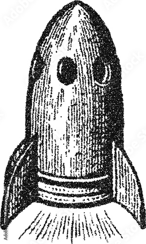 Retro stipple vector rocket ship illustration, vintage space travel icon for sci fi poster, kid apparel or startup logo design 