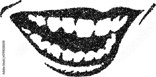 Creepy grinning mouth with sharp teeth stipple vector, evil smile illustration for horror monster, halloween character or tattoo
