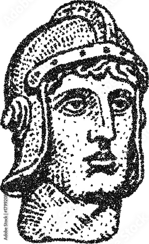 Stipple vector ancient warrior helmet, vintage roman gladiator head engraving for history museum logo, fantasy game or tattoo design
