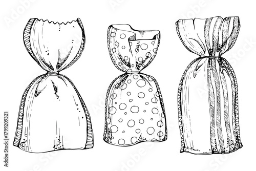 Sachet scented potpourri cotton textile bag with raffia ribbon, stripes and stitched edge. Isolated illustration hand drawn in vector ink. Aromatic linen closet, handmade gift packaging, cozy wardrobe