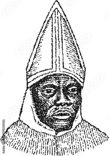 Stipple vector portrait of a medieval bishop, vintage engraving of a religious figure with a mitre for historical illustration or book
