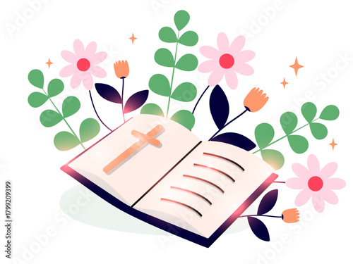 Opened Holy Bible with christian cross and  flowers around. Flat vector illustration on isolated white background