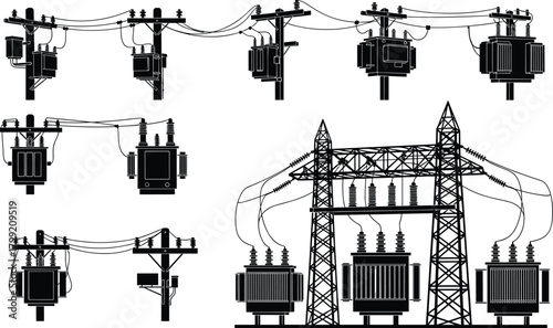 Silhouette vector illustration of electrical transformers mounted on utility poles—power distribution infrastructure layout for engineering, energy systems, and utility planning reference