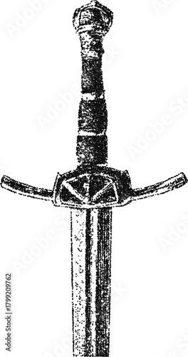 Stipple vector of a classic medieval arming sword hilt, vintage knightly weapon engraving for historical logo, tattoo, or book illustration

