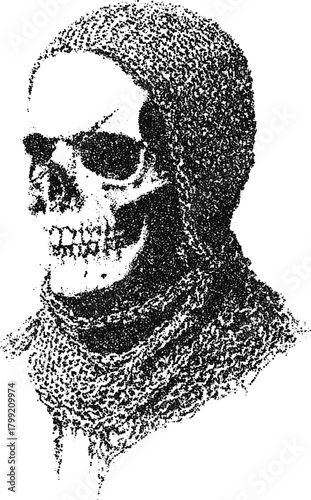 Stipple vector skull in a medieval chainmail coif, dark fantasy undead knight illustration for tattoo, poster, or game asset

