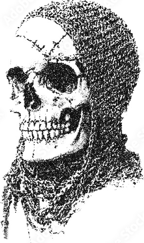 Stipple vector of a skeleton head wearing a chainmail hood, gothic dead warrior portrait for horror tattoo, metal band, or apparel
