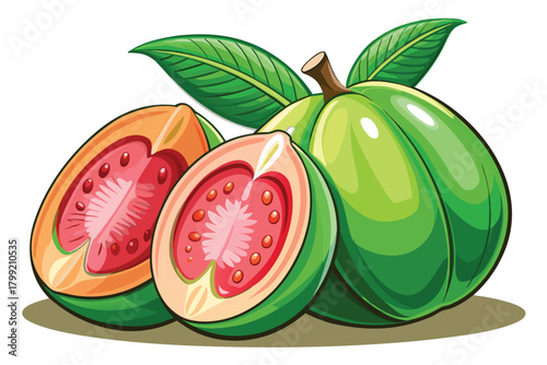 Fresh guava fruits with green leaves, one whole and two halves are shown