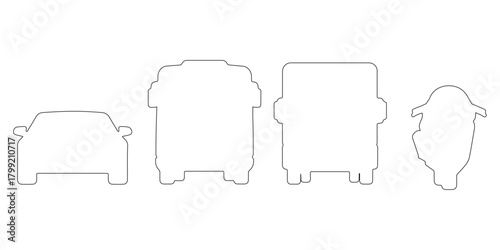 CAD Drawings. Front view of vehicles outline — car, bus, truck and motorcycle. Vector illustration.