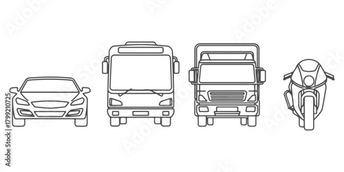 CAD Drawings. Front view of vehicles — car, bus, truck and motorcycle. Vector illustration.