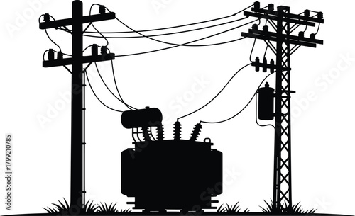Silhouette vector illustration of electrical transformers, utility poles, and power lines—energy grid infrastructure layout for distribution, engineering, and planning reference