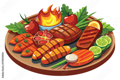 Grilled food on a platter with carrots, tomatoes, limes, and fire is ready