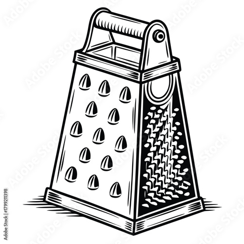 Isolated retro style grater shows sharp edges and four sided grating surface