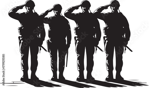 Silhouette soldiers saluting with respect and honor