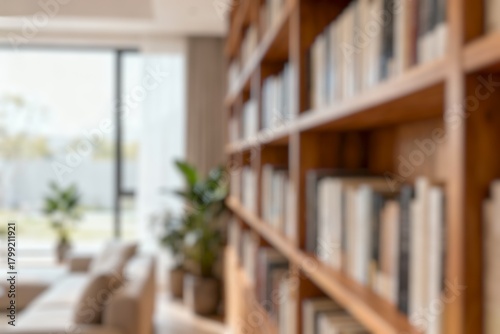 Blur image of a beautifully arranged home library featuring wooden shelves filled with a variety of books and adorned with vibrant green plants, creating a tranquil and inviting atmosphere.