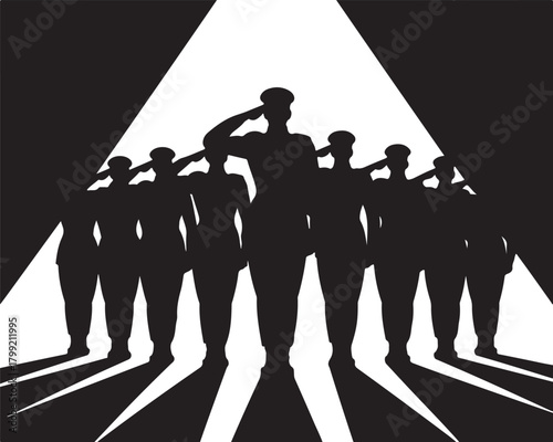 Powerful silhouette of soldiers saluting together