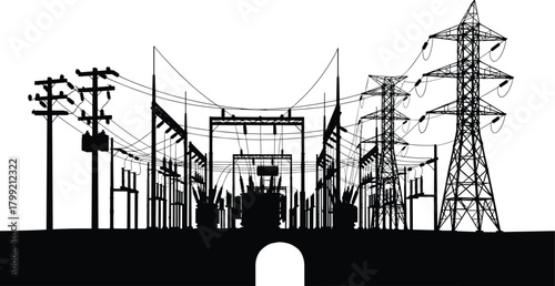 Silhouette of Electrical Substation and High-Voltage Power Lines: A Detailed Vector Illustration of Energy Transmission Infrastructure